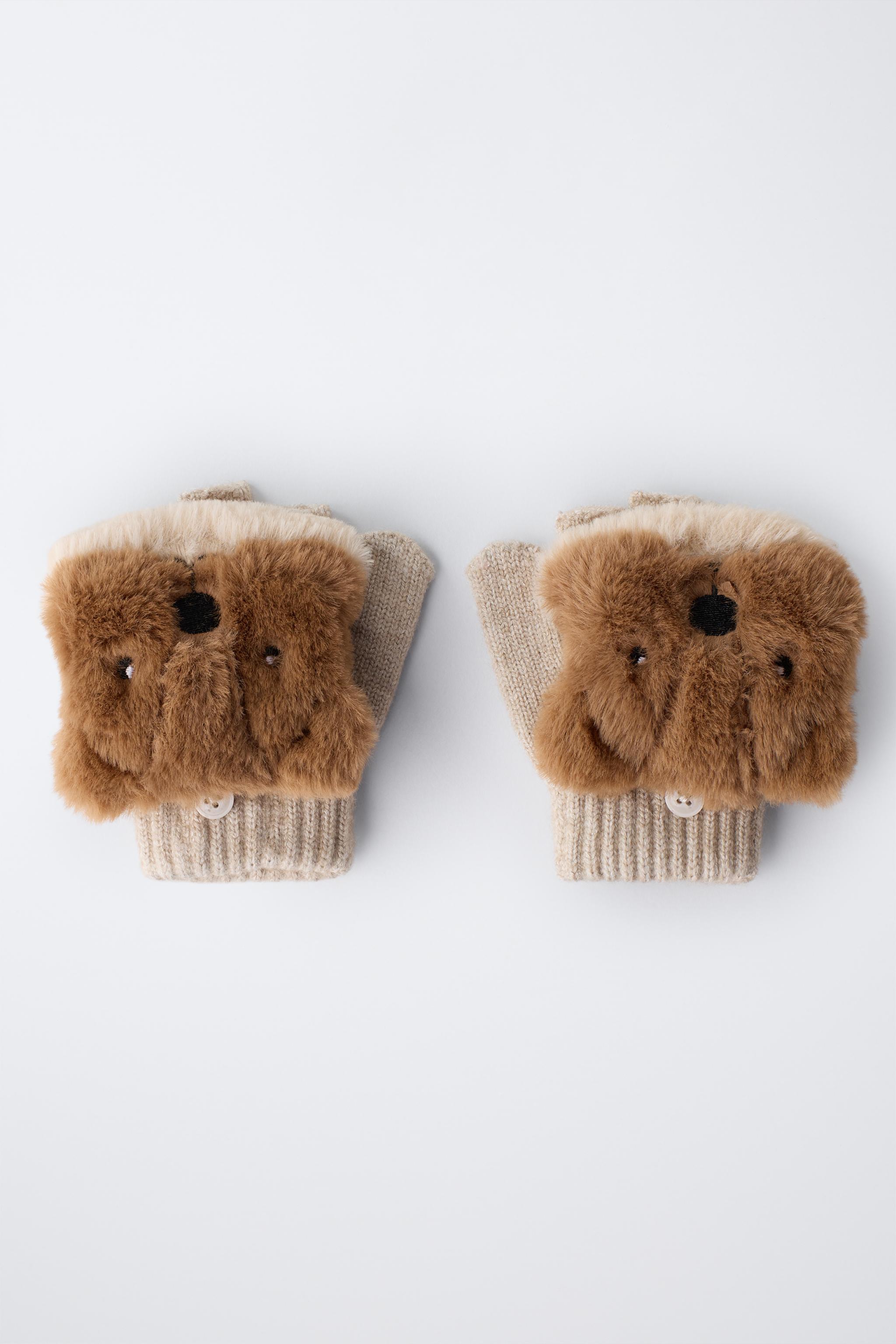 BEAVER FUR EFFECT MITTEN GLOVES